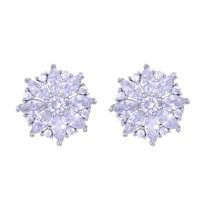 Women 925 Sterling Silver Earrings (ZRK 2200) Flower Model with Star Baguette Stone - 1