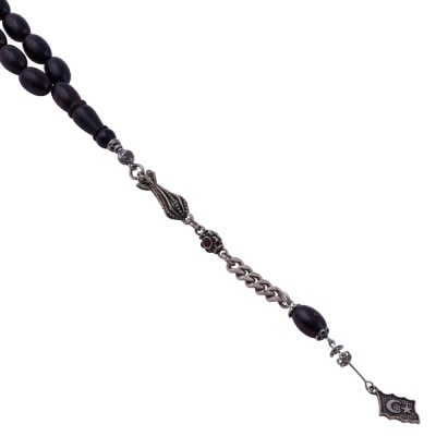 Brown Moire Squeezed Amber Capsule Cut Crescent and Star Tasseled Rosary ELT 21 - 3