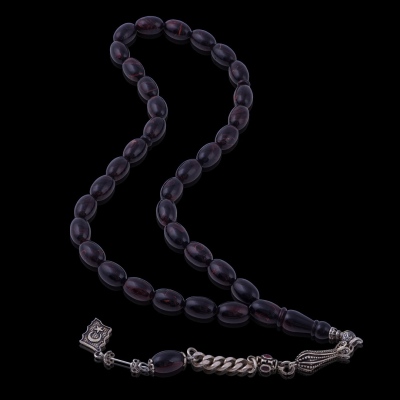 Brown Moire Squeezed Amber Capsule Cut Crescent and Star Tasseled Rosary ELT 21 - 2