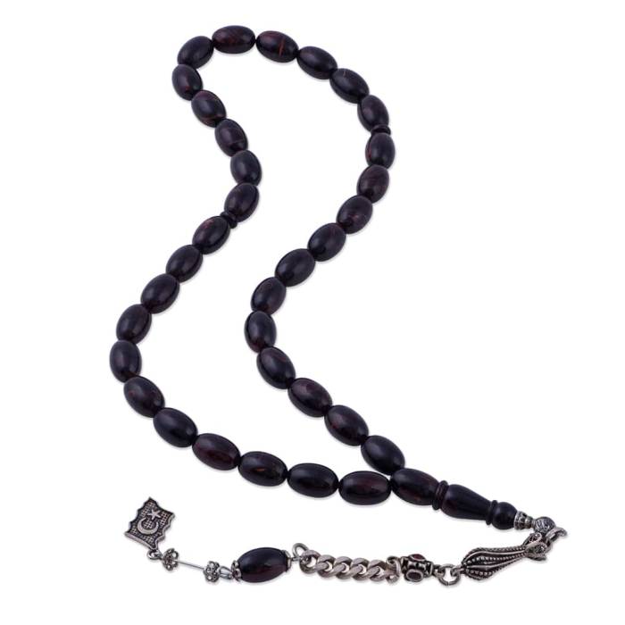 Brown Moire Squeezed Amber Capsule Cut Crescent and Star Tasseled Rosary ELT 21 - 1