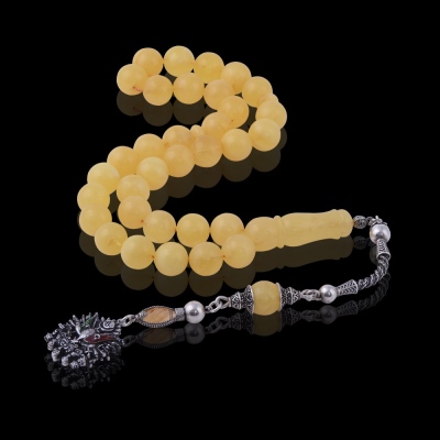 Damla Kehribar 11 mm Küre Kesim 33.8 gr Sistemli Milky Renk Tesbih 15 Gr Gümüş Püskül - 3