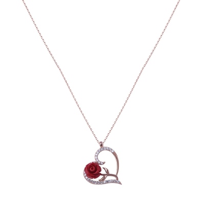 Kalpli Kırmızı Gül 925 Ayar Kadın Gümüş Kolye Rose Gold - nusnus