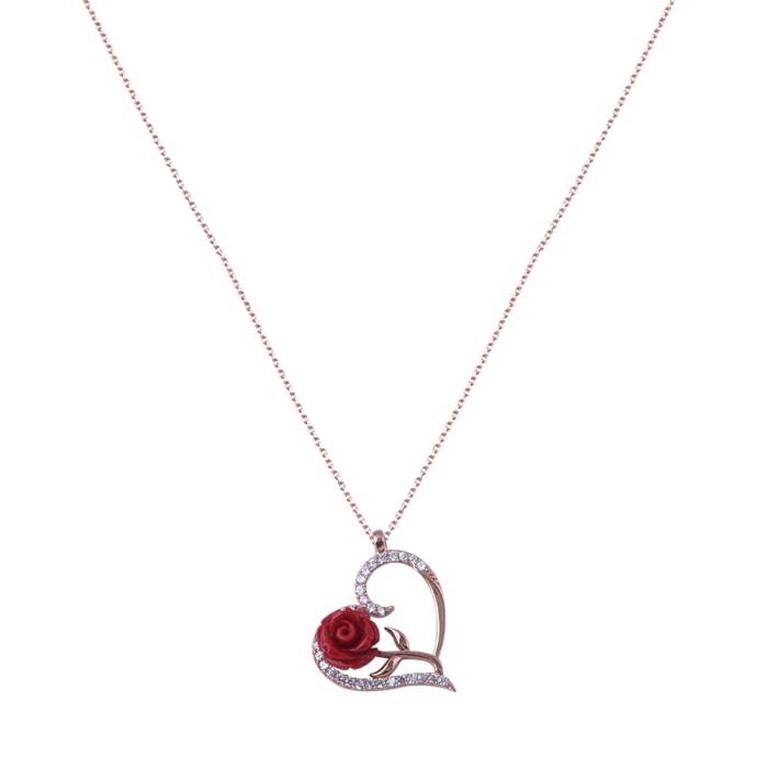 Kalpli Kırmızı Gül 925 Ayar Kadın Gümüş Kolye Rose Gold - 1