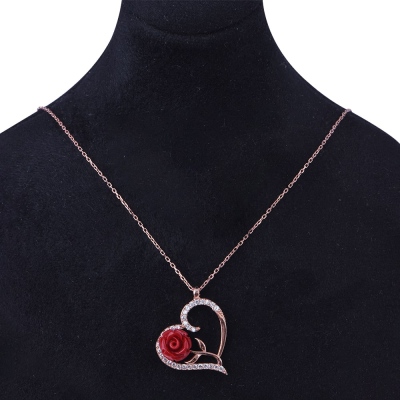 Kalpli Kırmızı Gül 925 Ayar Kadın Gümüş Kolye Rose Gold - 2