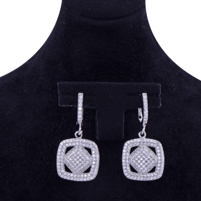 Square Model Silver Earrings with Stones - 2