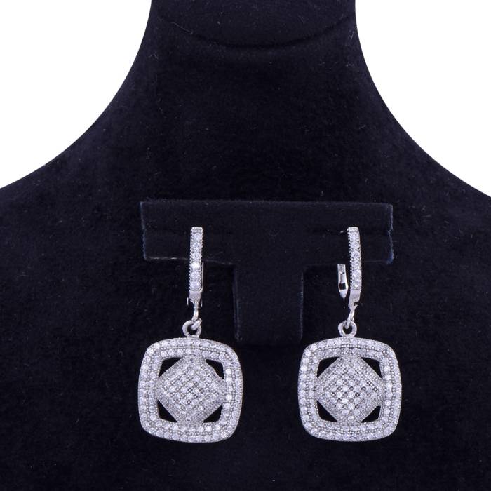 Square Model Silver Earrings with Stones - 2