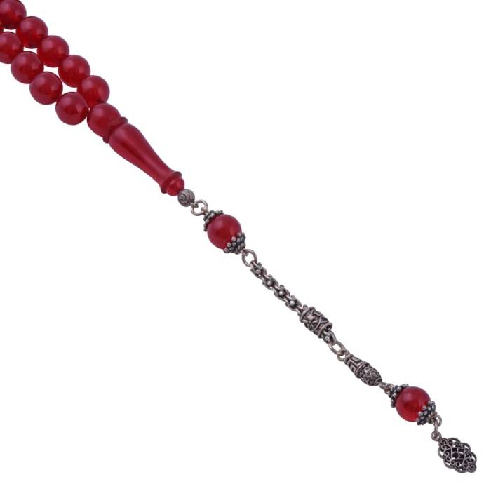 Kırmızı Küre Kesim Sıkma Kehribar Tesbih 925 Ayar 7 Gr Gümüş Püsküllü - 2