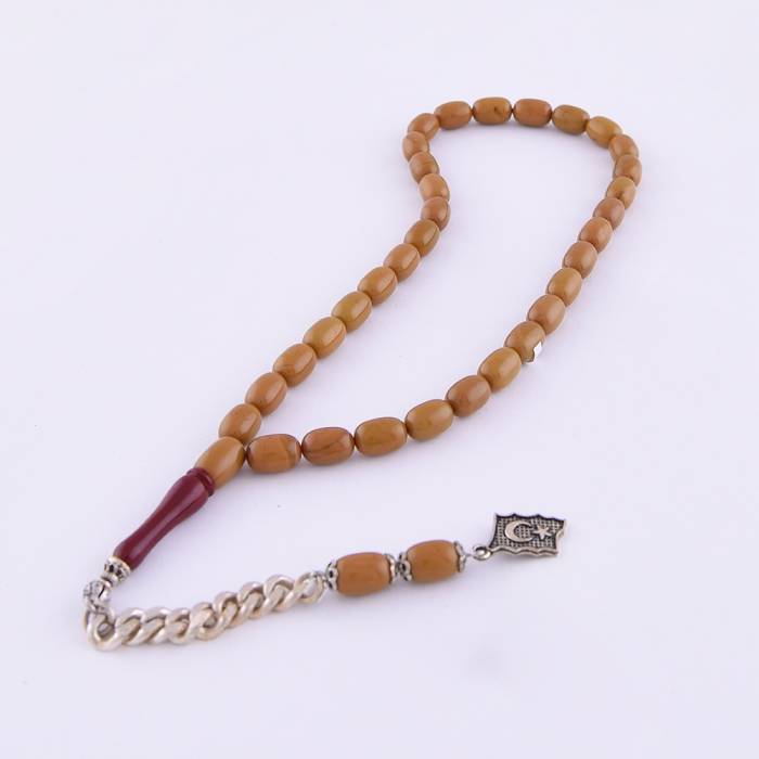 Moire Squeezed Amber Capsule Cut Rosary with Crescent and Star Tassels ELT 20 - 1
