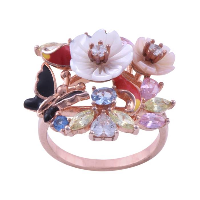 Renkli Çiçekli Rose Gold Gümüş Yüzük 7.3 Gr - 1