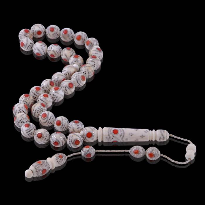 Ruby and Silver Embroidered Sphere Cut Ivory Rosary 35 Gr - 2