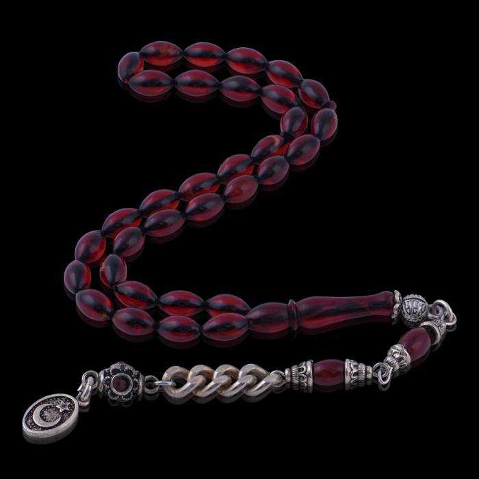 Squeezed Amber Red Barley Cut Rosary with Crescent and Star Tassels ELT 19 - 2